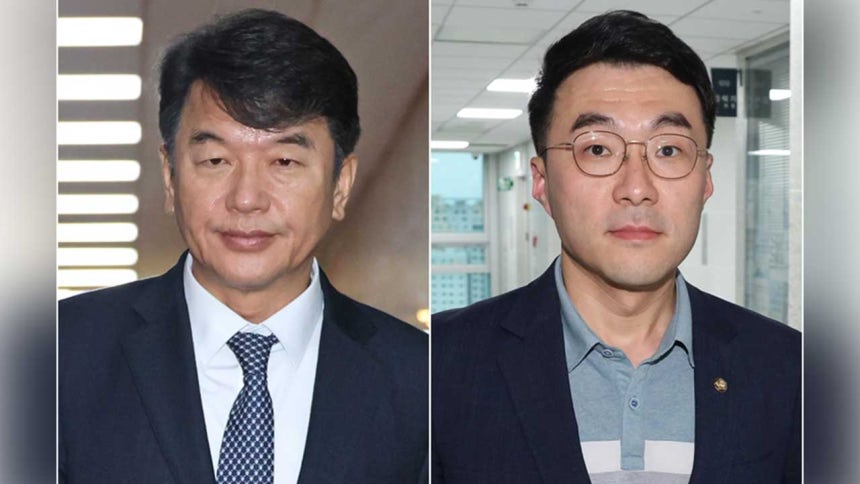 더불어민주당 문진석 원내수석부대표(왼쪽)와 김남국 대통령실 디지털소통비서관