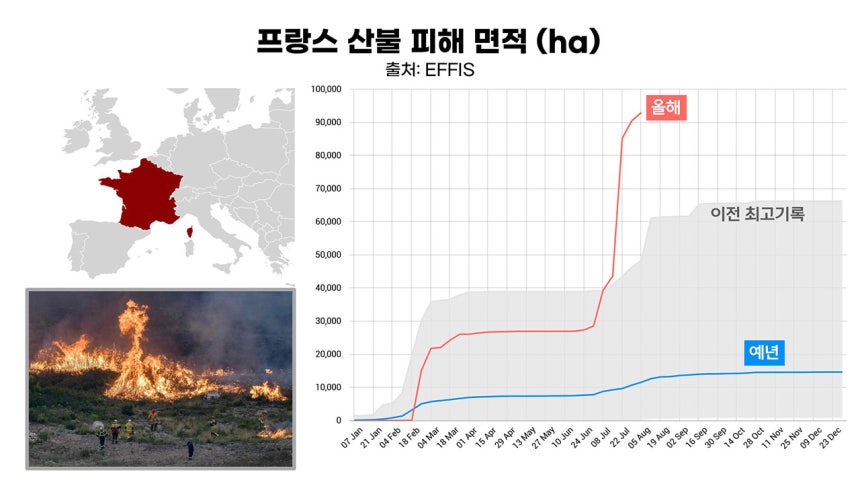 프랑스 산불 피해 (ha) : 올여름 프랑스의 산불은 6월 하순부터 급증하기 시작해 피해 면적이 예년 수준을 최대 9배나 웃돌고 있다. 프랑스 역사상 최악의 산불이다. (출처: EFFIS)