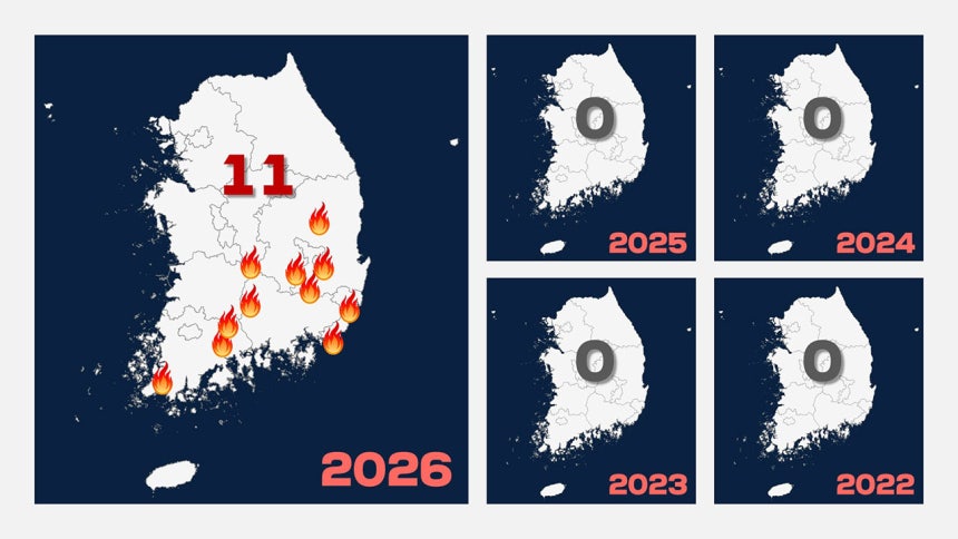 8월 상순 발생 산불 지점 및 건수 : 2022~2025년에는 한 건도 없었던 8월 상순 산불이 올해 11건이나 발생했다. 올해 8월 산불이 얼마나 이례적인지 알 수 있다. (출처: 산림청)