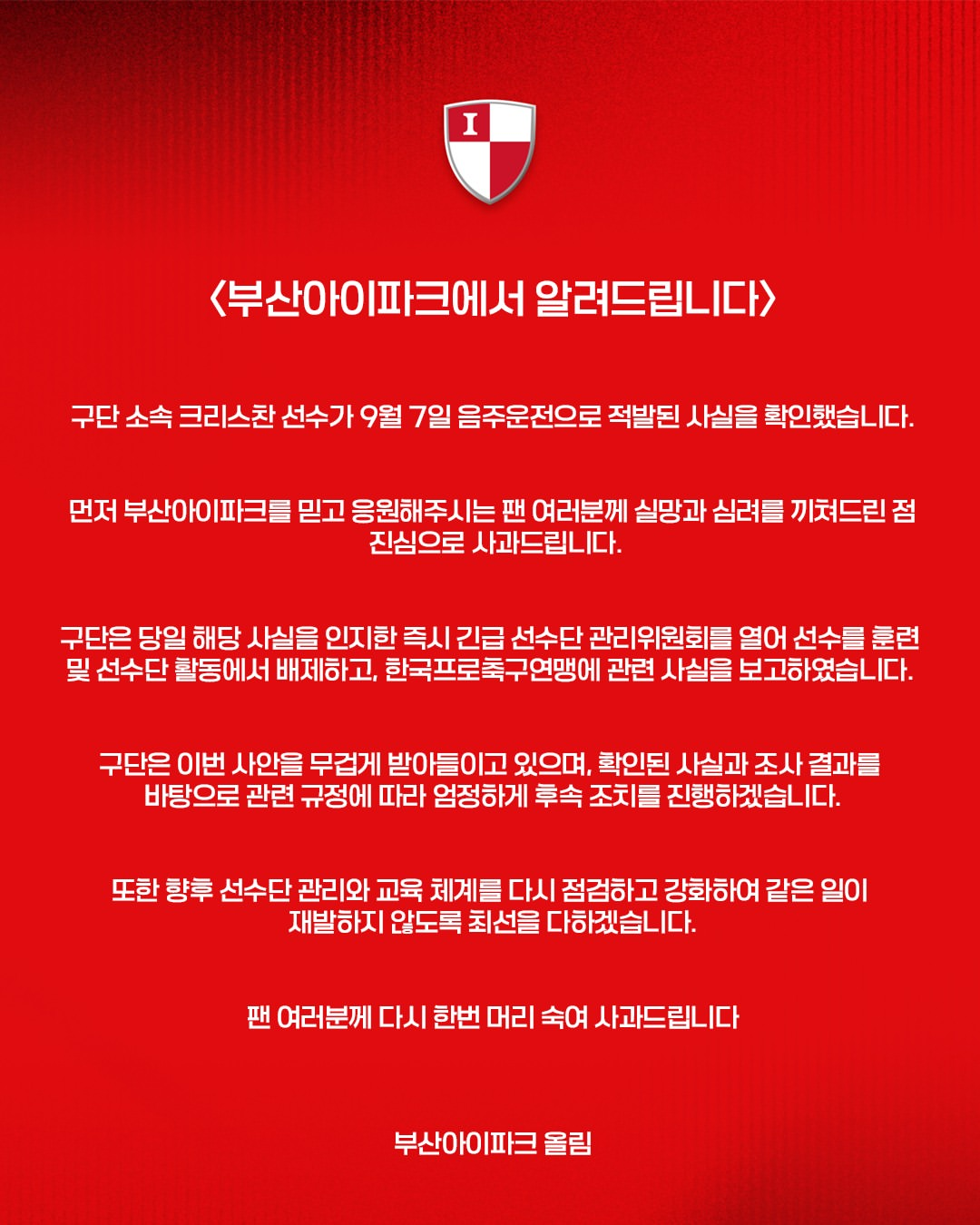 [오피셜] <b>부산 크리스찬 음주운전</b> 적발…선수단 배제 조치