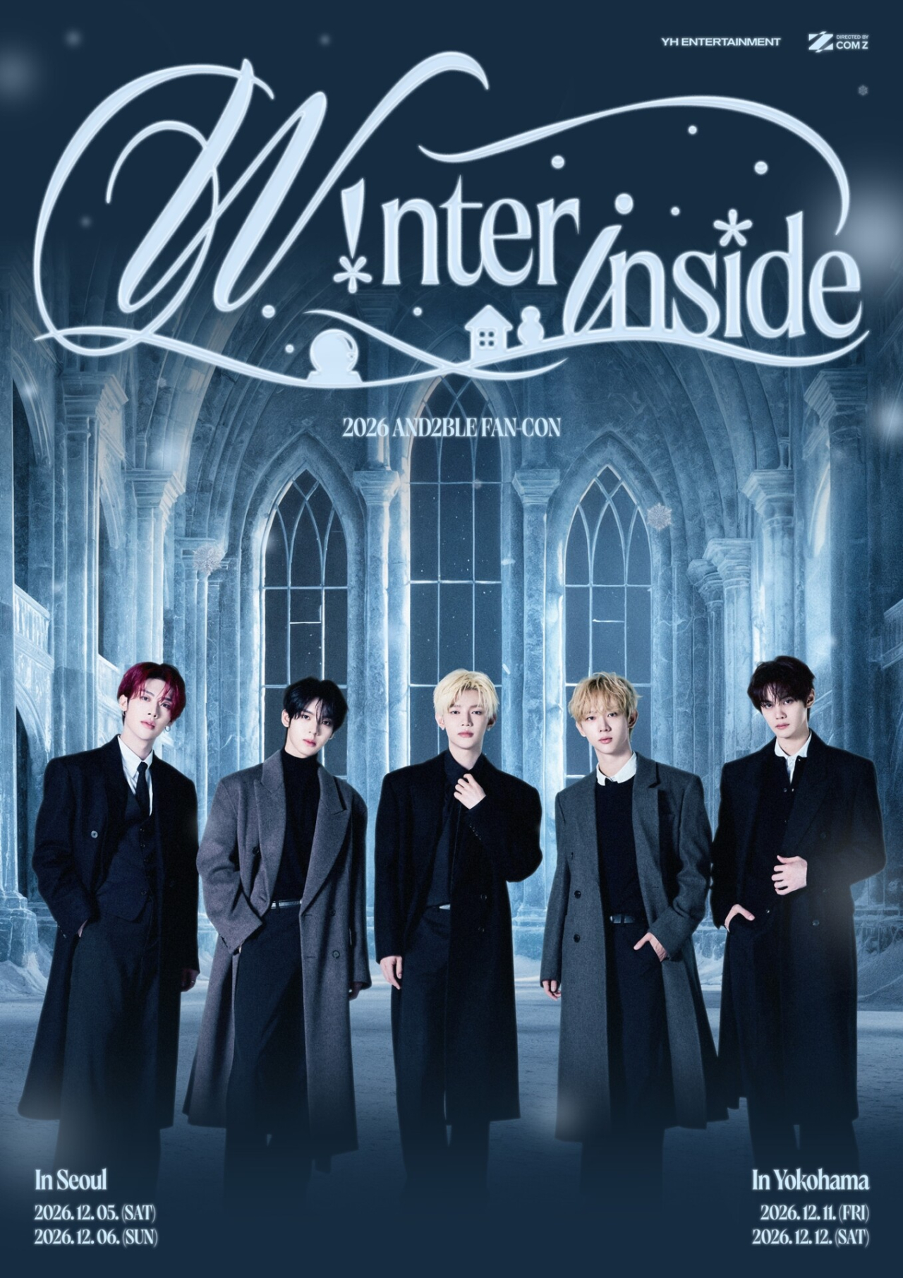 冬の城を背景に、ファンコン『Winter Inside』のロゴとAND2BLEのメンバー5人が並ぶ告知画像