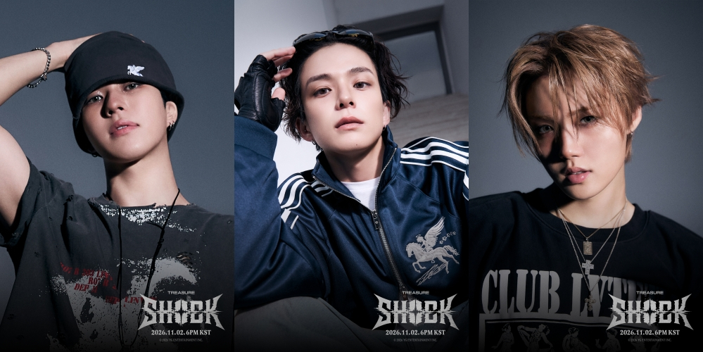 黒いビーニーのユン・ジェヒョク、青いトラックジャケット姿のアサヒ、金髪のドヨンを並べた「SHOCK」個人ビジュアル