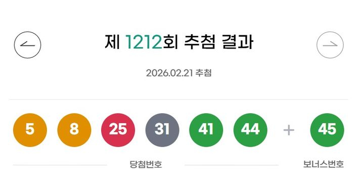 21일 제1212회 동행복권 로또 추첨 결과 5, 8, 25, 31, 41, 44가 1등 당첨 번호로 결정됐다. 2등 보너스 번호는 45다. [사진 동행복권 홈페이지 캡처] 