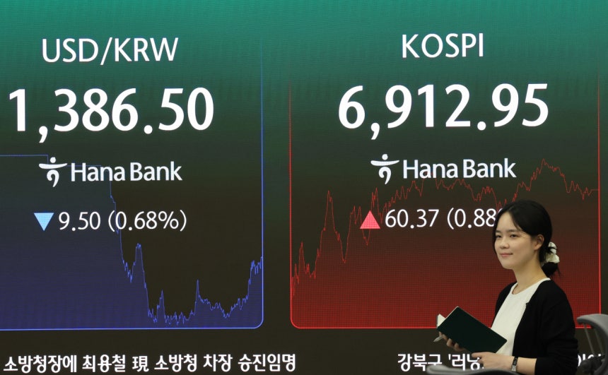 21일 서울 중구 하나은행 딜링룸 전광판에 코스피가 표시돼있다.[사진 연합뉴스]