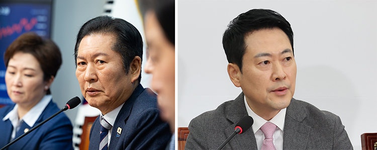 2월 9일 정청래 더불어민주당 대표(왼쪽)와 장동혁 국민의힘 대표가 서울 여의도 국회에서 열린 각 당 최고위원회의에서 발언하고 있다. 뉴스1, 뉴시스