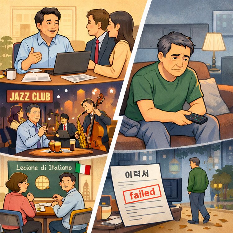 다방면으로 은퇴 준비를 한 사람과 그러지 않은 사람의 일상은 큰 차이를 보인다. AI생성 이미지