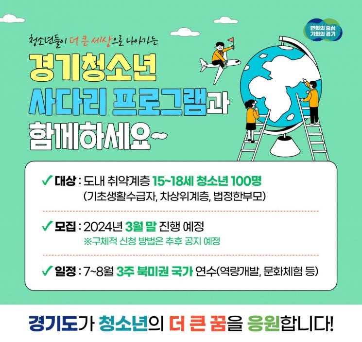 경기도, 해외 <b>청년</b> 연수 <b>청소년</b>으로 <b>확대</b>…올해 100명 파견