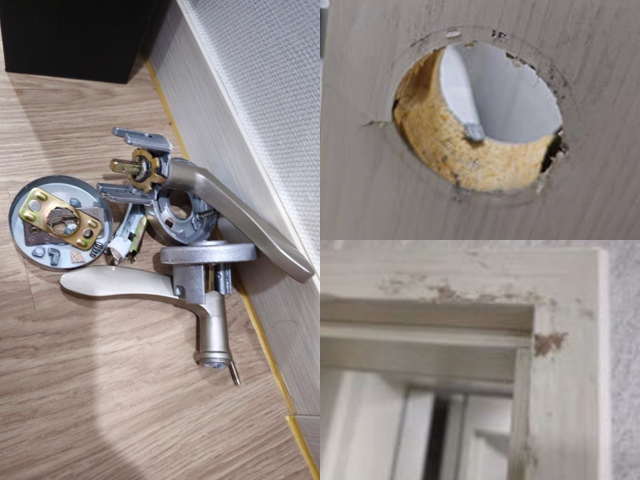 Traces of A struggling to break the door after being trapped in the bathroom for over 4 hours [Image source = Online community capture]
