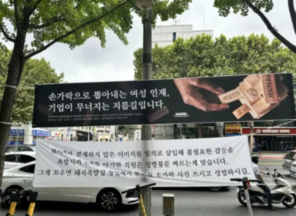 서울 서초구 교대역 입구에 여성의당이 '집게손' 논란과 관련해 비판하는 현수막. 바로 아래에는 여성의당 현수막을 반박하는 또 다른 현수막이 걸려있다. [사진=온라인 커뮤니티 갈무리]