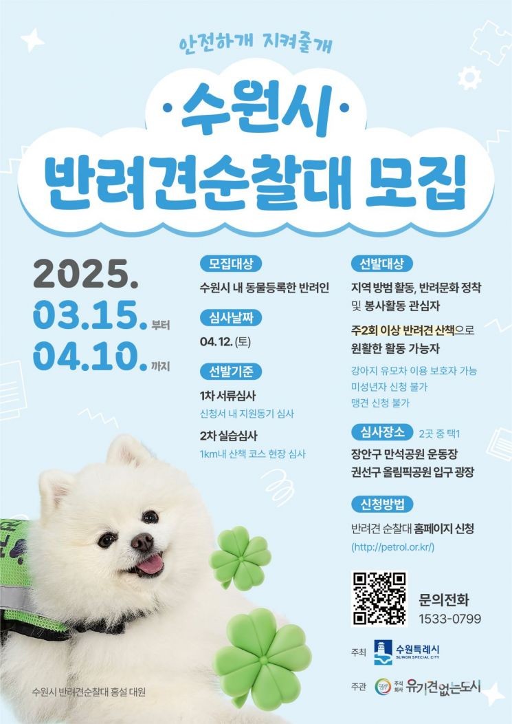 <b>수원시</b>, <b>반려견 순찰대</b> 모집…4월10일까지 20팀