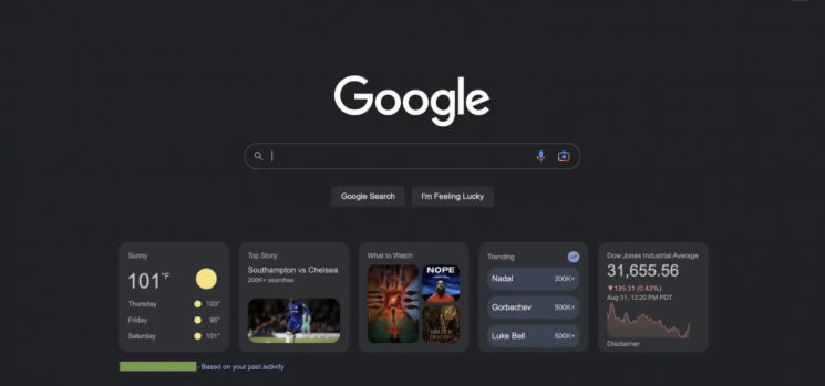 구글이 2022년 8월 일부 이용자를 대상으로 제공한 새로운 PC 첫 화면. 나인투파이브구글(9to5Google)