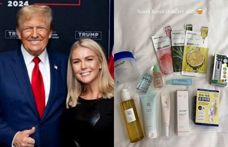 도널드 트럼프 미국 대통령과 최연소 백악관 대변인 캐롤라인 레빗. 오른쪽은 레빗 대변인이 올린 한국 화장품 구매 인증사진. 인스타그램 캡처