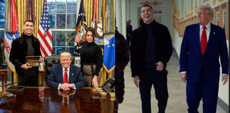 크리스타아누 호날두는 약혼자 헤오르히나 로드리게스, 트럼프 대통령과 함께 찍은 사진을 자신의 인스타그램에 올렸다.  크리스티아누 호날두 인스타그램