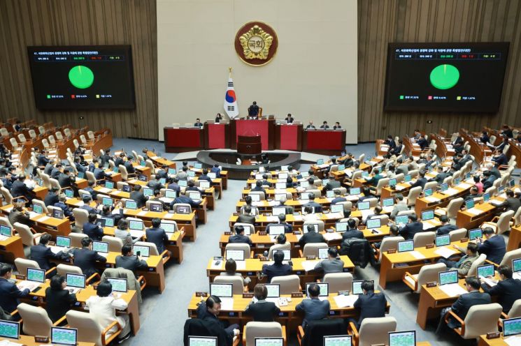 2일 국회 본회의에서 석유화학산업의 경쟁력 강화 및 지원에 관한 특별법안(대안)이 가결되고 있다. 연합뉴스
