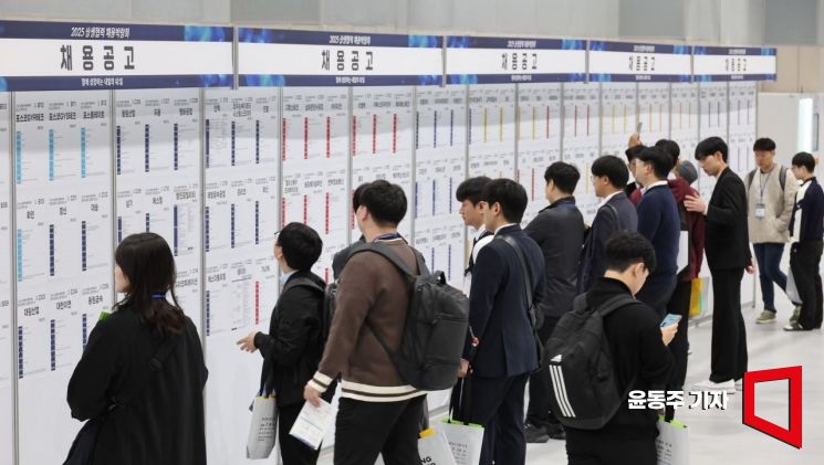 지난10월 서울 강서구 코엑스 마곡에서 열린 '2025 상생협력 채용박람회'에 참석한 구직자들이 채용 공고문을 확인하고 있다.