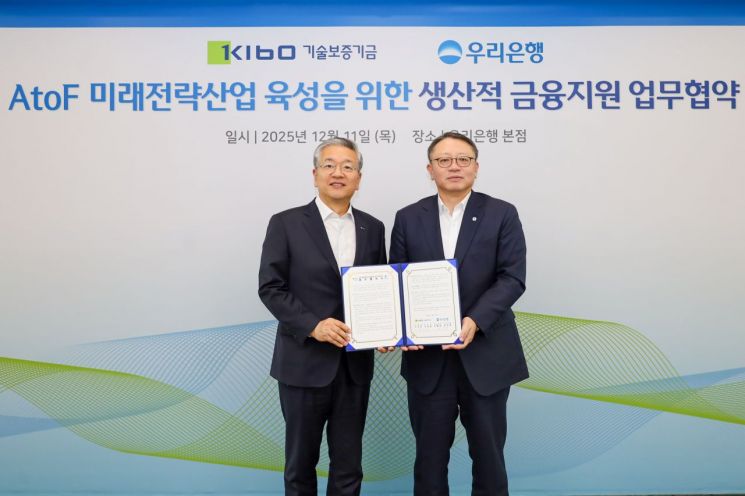 김종호 기보 이사장(왼쪽)과 정진완 우리은행장이 업무협약 후 기념촬영을 하고 있다.기보