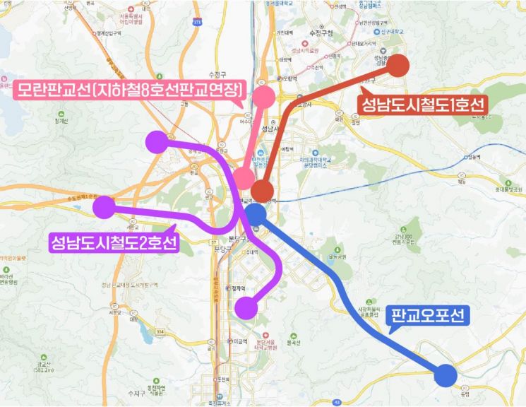 경기도 도시철도망 구축계획에 반영된 성남시 4개 도시철도 노선.성남시 제공