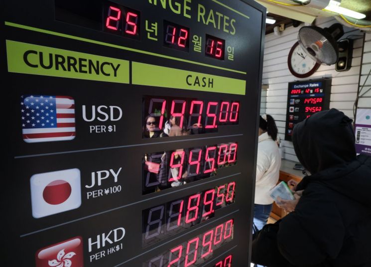 서울 중구 명동 거리의 한 환전소에 환율이 표시돼 있다.연합뉴스