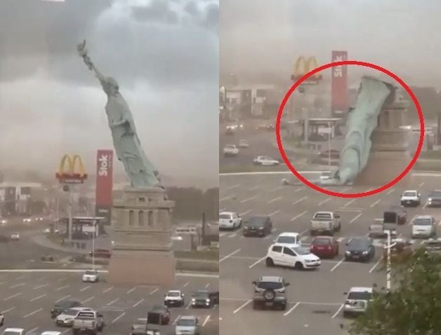시속 90㎞ '괴물 강풍'에 고꾸라진 '자유의 여신상' 복제품…인명 피해 無