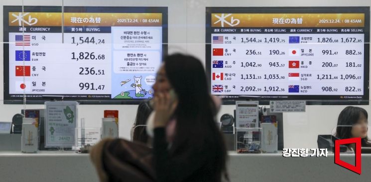 원달러 환율이 1480원을 돌파하며 미국 관세 충격이 있었던 지난 4월9일(1487.6원) 이후 가장 높은 수준을 보이고 있는 24일 인천국제공항 제2여객터미널 환전소에서 달러 매입 가격이 표시돼 있다.2025.1