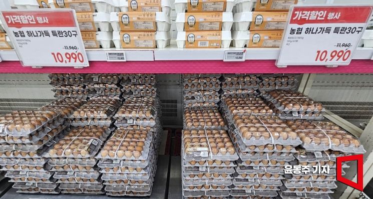 계란 가격이 전년대비 11.5% 상승하며 계란 한 판 가격이 평균 7천원을 넘어서며 '밥상물가'가 비상이다.사진은 10일 서울의 한 대형마트의 계란 판매대 모습.2025.06.10