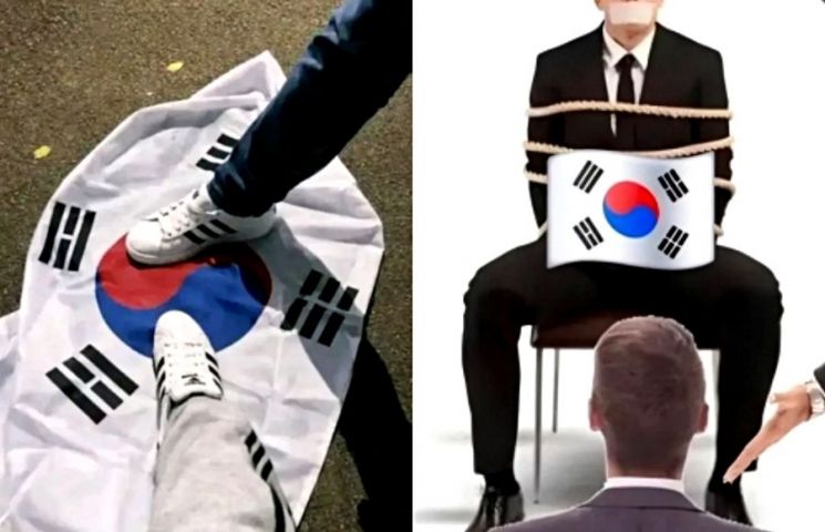 동남아 국가들이 한국에 맞서 연대하는 모습을 표현한 밈 이미지. 엑스 캡처
