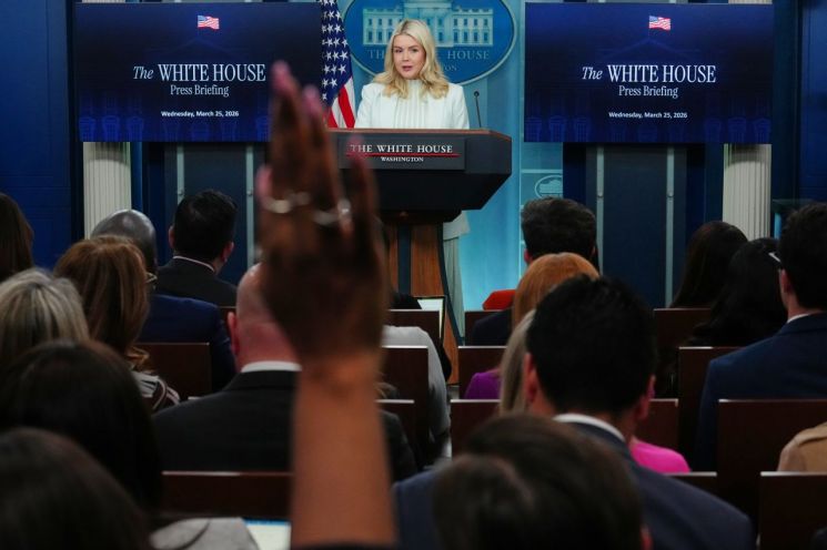 캐럴라인 레빗 백악관 대변인이 지난 3월 브리핑을 진행하고 있다. AP연합뉴스