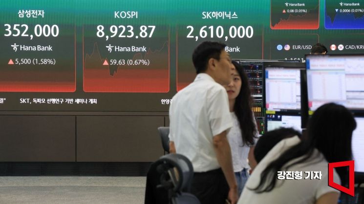 코스피 지수가 장 초반 사상 처음으로 8900선을 돌파한 18일 서울 중구 하나은행 본점 딜링룸 전광판에 국내증시 현황이 표시돼 있다. 2026.6.18 강진형 기자