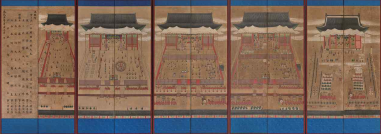 명헌태후(1831-1903)의 71세를 기념해 경운궁(현 덕수궁)에서 거행된 진찬 행사를 그린 궁중행사도.