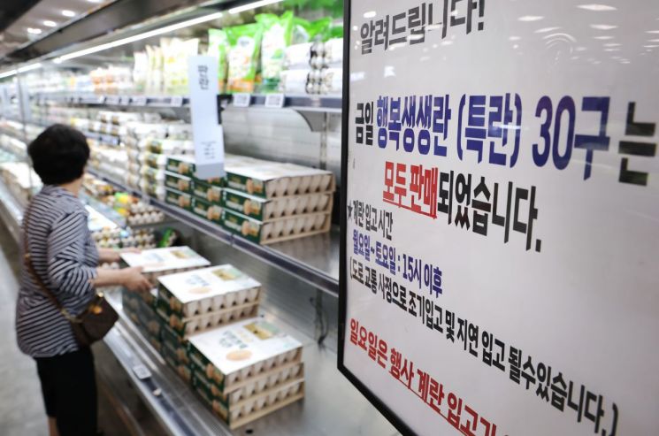 서울의 한 대형마트에서 저렴하게 판매한 계란의 품절 안내판이 게시돼 있다. 연합뉴스