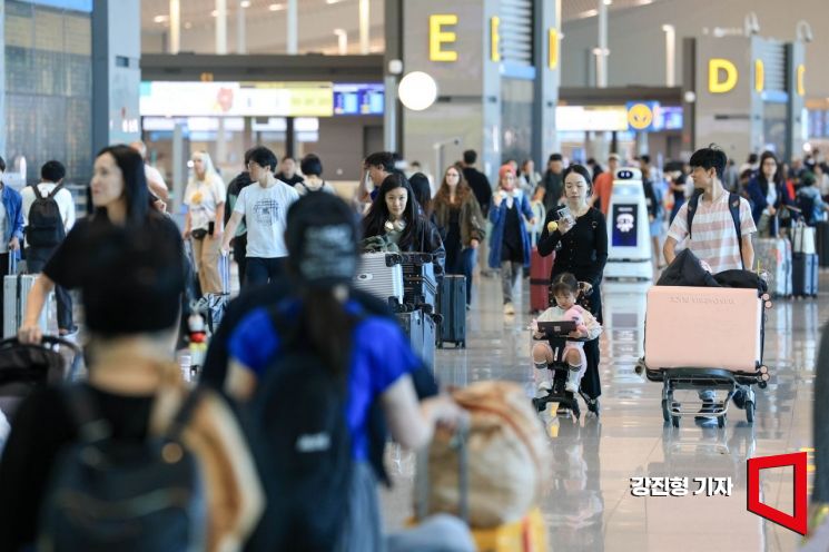 민족 최대 명절 추석 연휴를 하루 앞둔 23일 인천국제공항 제2여객터미널을 찾은 여행객들이 출국장으로 이동하고 있다.강진형 기자