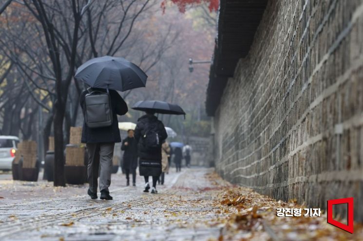 가을비가 내리고 있는 25일 서울 중구 덕수궁 돌담길에서 직장인들이 낙엽을 밟으며 출근길에 오르고 있다.2025.11.25 강진형 기자