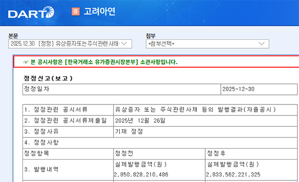 고려아연의 유상증자 관련 정정 공시./사진=금융감독원 전자공시시스템 갈무리