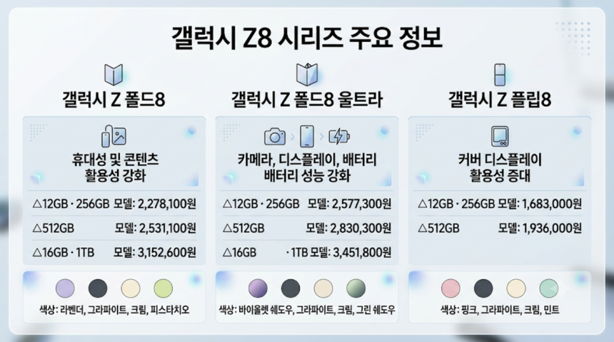 갤럭시 Z8 시리즈 주요 정보/구글 제미나이의 도움을 받아 시각화하고 기자가 최종 검토·확인해 제작한 그래픽입니다. 그래픽에 포함된 데이터와 내용은 기자가 직접 취재한 결과물입니다.