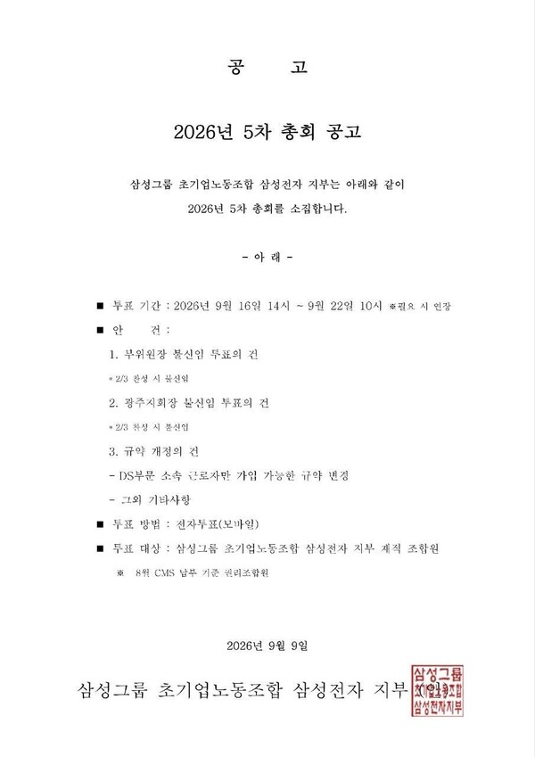 삼성 초기업노조, 반도체 노조 전환… DX 간부 2명 불신임 가결