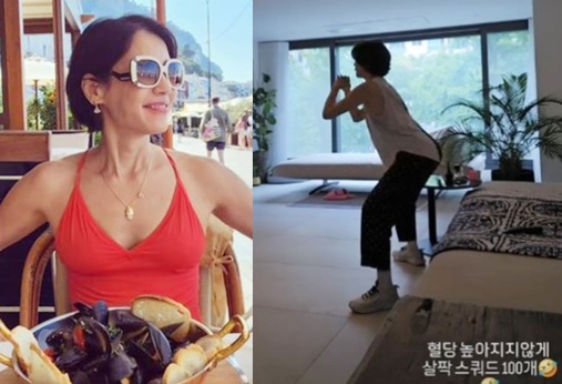 김지호가 스쿼트를 하고 있는 모습.[사진=김지호 SNS]