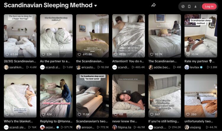 틱톡에서 '스칸디나비아식 수면법'을 검색하면 나오는 영상들.사진=틱톡(TikTok) 화면 캡쳐