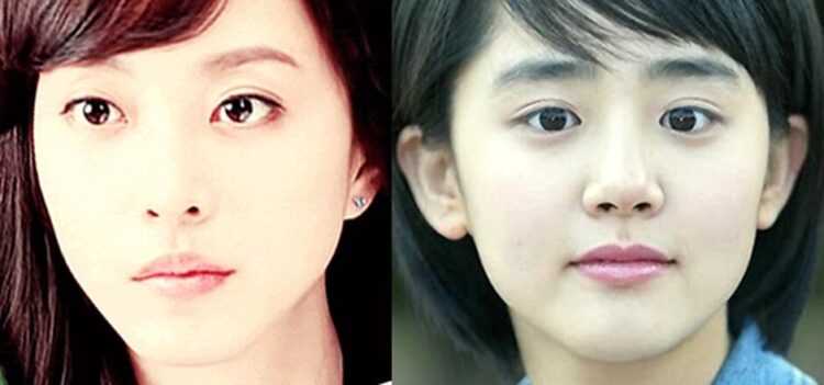 배우 한예슬(왼쪽)와 문근영의 눈매는 꽤 다르지만 눈꼬리는 별 차이가 없다.눈머리의 각도가 눈꼬리의 느낌을 바꾼다.눈꼬리는 원래 살짝 올라가 있다.