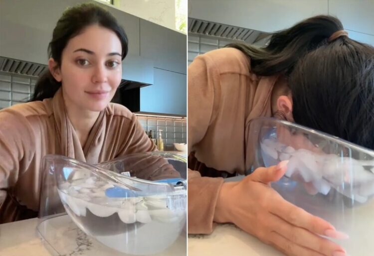 카일리 제너가 얼음물에 얼굴을 담그기 직전,화제가 된 '아이스 페이셜' 스킨케어 장면.사진=카일리제너/틱톡(kyliejenner/TikTok)