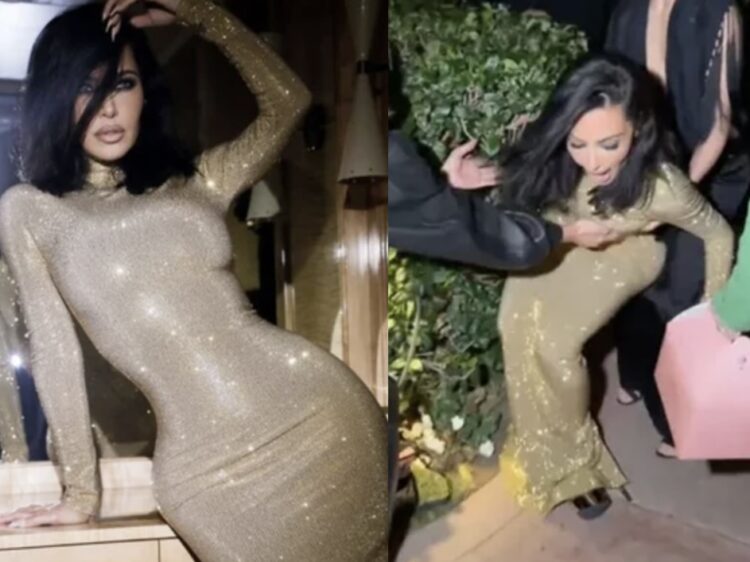 오스카 파티 참석을 위해 바디 라인이 과감하게 드러난 드레스와 20cm 힐을 신은 카다시안이 걷다가 갑자기 넘어지는 모습. 사진=틱톡 'kimkardashian'