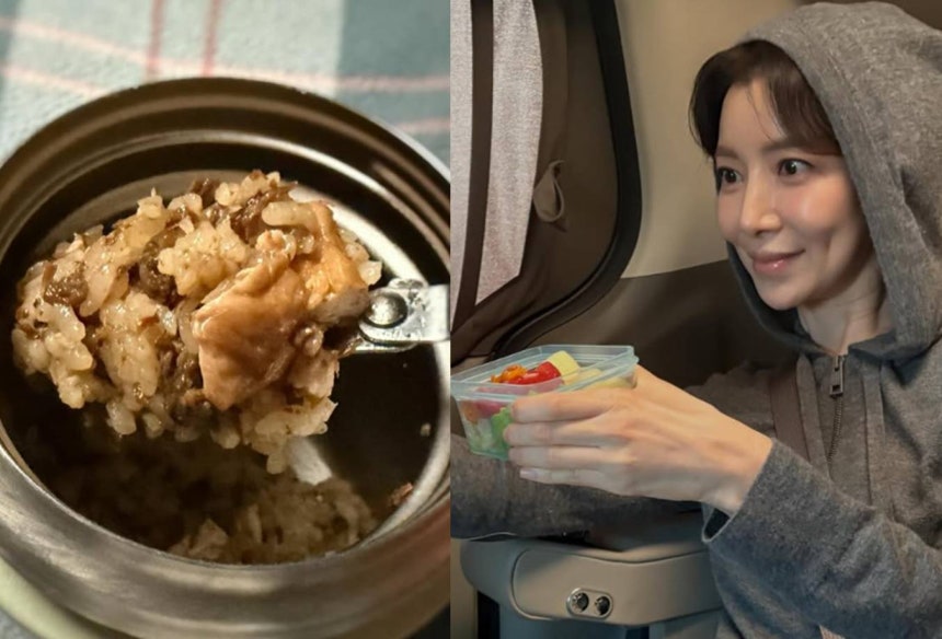 윤세아의 아침 도시락. 왼쪽은 두부조림과 소고기볶음을 넣은 비빔밥이다. 오른쪽은 채소와 과일 도시락을 들고 있는 윤세아의 모습. 사진=윤세아 인스타그램