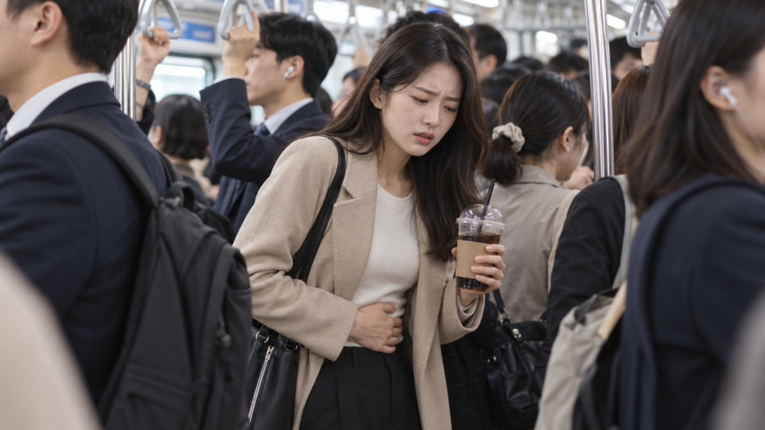 평소와 달리 배가 뒤틀리면서 화장실 신호가 강하게 온다면 출근길에 마신 음료를 되짚어볼 필요가 있다.사진=AI 이용해 생성