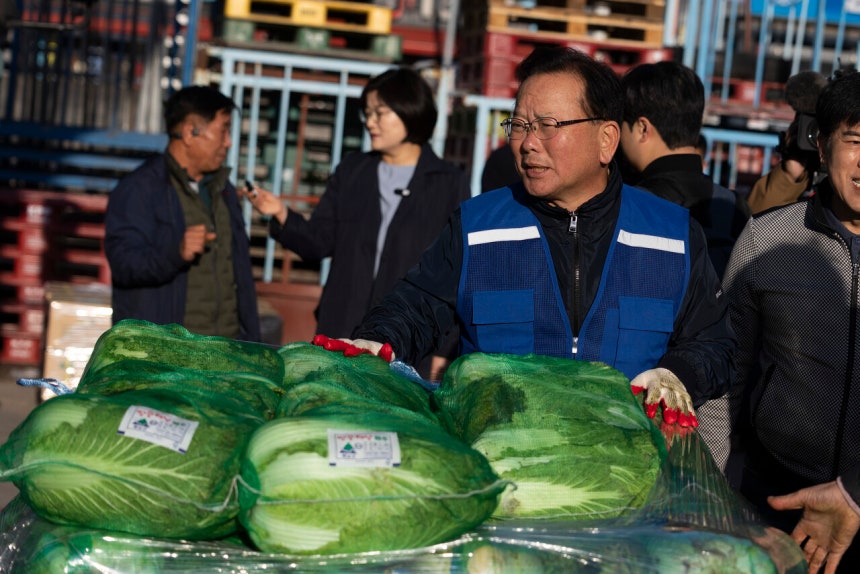 더불어민주당 대구시장 후보로 확정된 김부겸 전 총리가 4월8일 정청래 민주당 당대표와 함께 대구 북구 매천동 농수산물도매시장을 찾아 배추 하역 작업을 하고 있다. ©시사IN 이명익