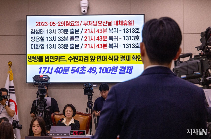 지난 2025년 9월22일 국회 법제사법위원회에서 열린 검찰개혁 입법청문회에서 박상용 수원지검 부부장검사가 대북송금 수사 과정에서 벌어진 '연어 술파티' 의혹을 부인하고 있다. ©시사IN 조남진