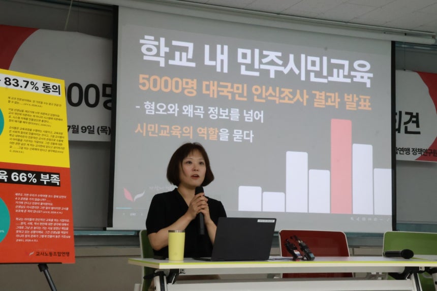 7월9일 교사노동조합연맹 정책연구원은 ‘학교 내 민주시민교육, 5000명 대국민 인식조사’ 결과를 발표했다. 조사에서 응답자 82.4%가 현실 정치 쟁점과 사회문제에 대한 교육이 필요하다고 답했다. ©교사노