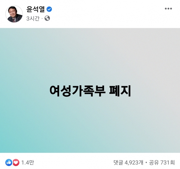 '여성가족부 폐지'. 2022년 1월 당시 대통령 후보자였던 윤석열 대통령의 SNS에 올라온 게시글 내용이다 ⓒ윤석열 전 후보 페이스북.