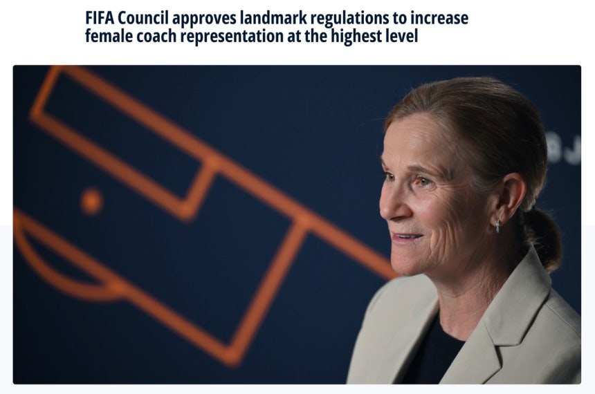 여성 코칭스태프 의무화 규정을 발표한 FIFA. ⓒFIFA 홈페이지 갈무리