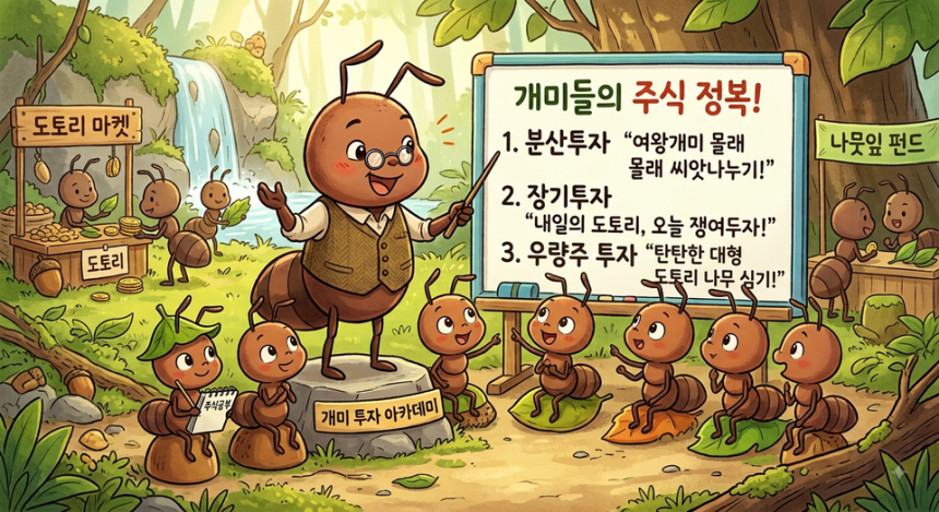 개인 투자자들이 분산투자와 장기투자, 우량주 투자 등 주식투자의 기본 원칙을 배우는 모습을 표현한 일러스트.      </div>

    <div class=