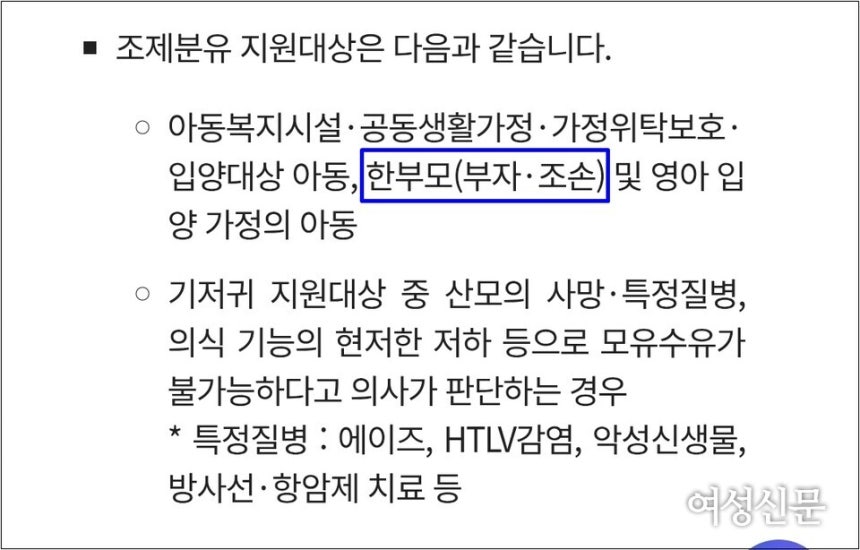 정부 복지포털 '복지로'에 게시된 '저소득층 기저귀·조제분유 지원사업' 안내. 조제분유 지원 대상에 한부모가족 중 부자가족과 조손가족만 명시돼 있다. ⓒ복지로 화면 갈무리