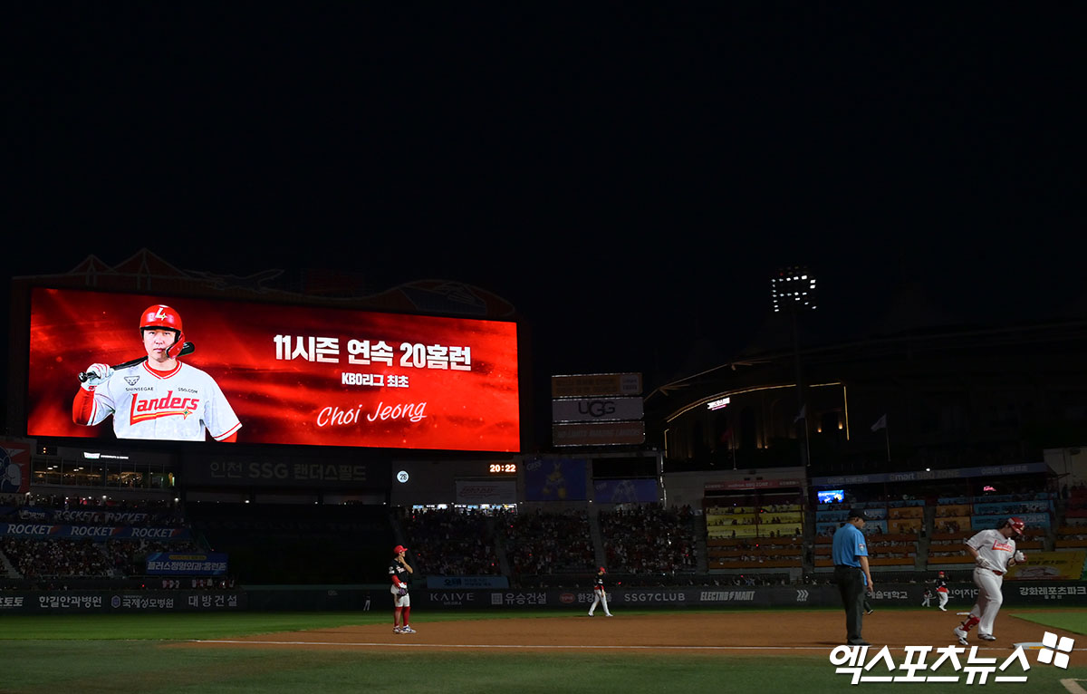 KBO리그 최초 11시즌 연속 <b>20홈런</b>을 달성한 <b>최정</b>[포토]